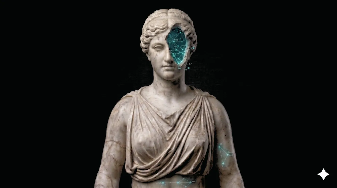 Marble bust with teal diagnostic wireframe — click to request a diagnostic