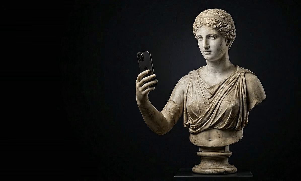 Marble bust holding iPhone, restored ceramic arm