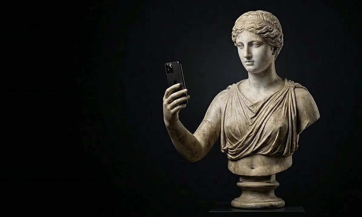Marble bust holding iPhone, restored ceramic arm