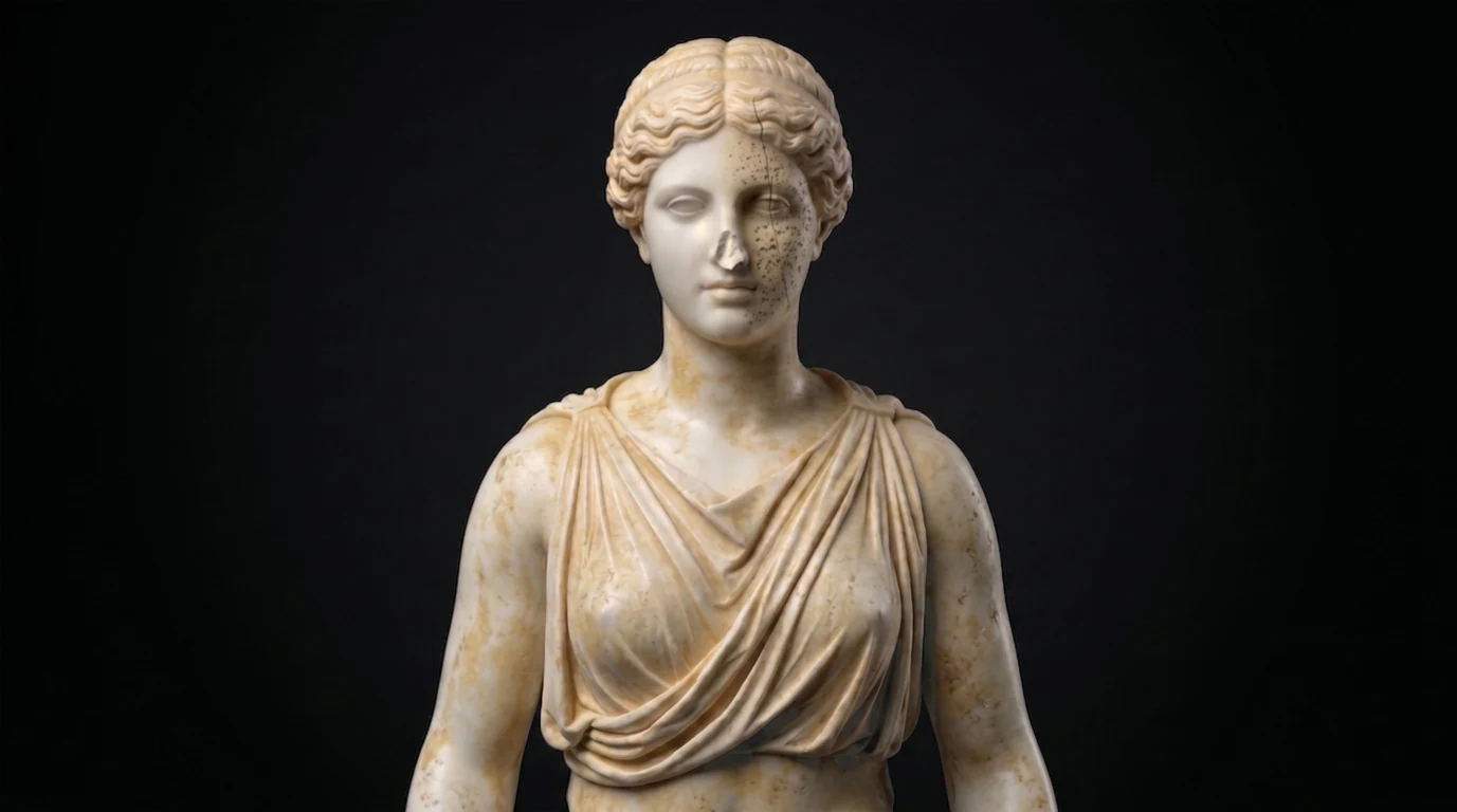 Aged marble bust: discolored, pitted, a hairline crack and a chipped nose