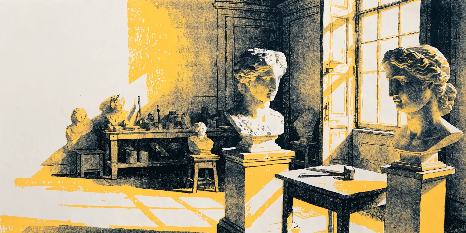 Two marble busts in a sunlit sculptor's studio, printed in yellow and charcoal on off-white paper