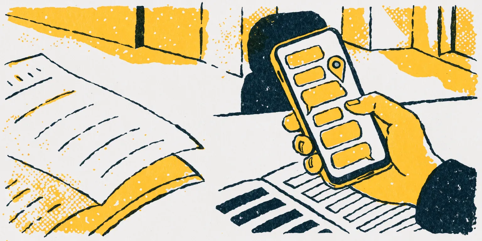 A hand holding a phone with a chat of blank speech bubbles beside a map pin, printed in yellow and charcoal on off-white paper