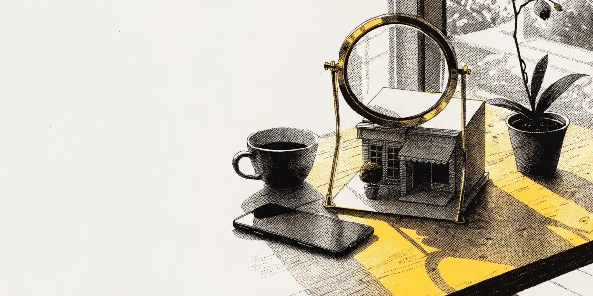 A model of an aesthetic clinic storefront under a magnifying glass on a desk.