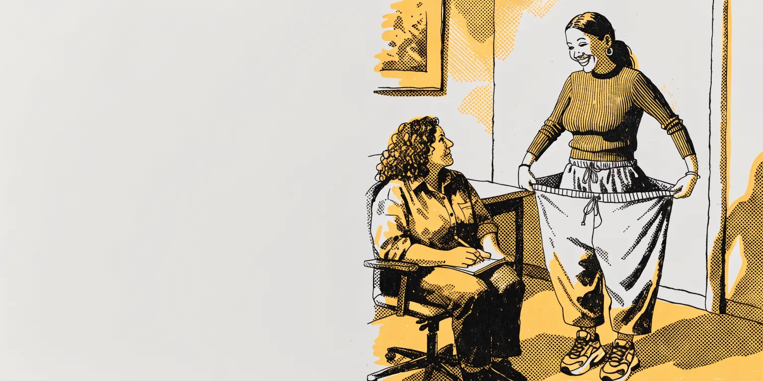 Full-length view of two whole people in a consultation room, heads and faces fully in frame: a smiling woman in a fitted sweater holds the loose waistband of her trousers out to show her weight loss, and a seated clinician with a notepad looks up at her