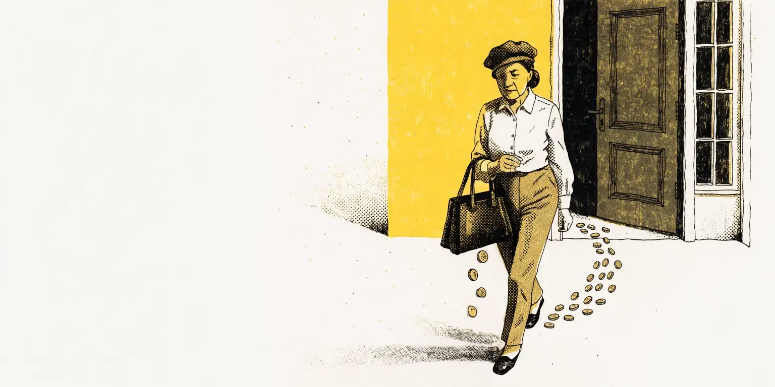 A well-dressed woman has just stepped out of the walnut front door of a private clinic, which stands open behind her. She walks toward the viewer, face visible, a fine leather handbag on her arm. Gold coins slip one by one from a small opening in the bag and fall behind her, leaving a trail of coins on the ground like bread crumbs that leads back to the clinic door.