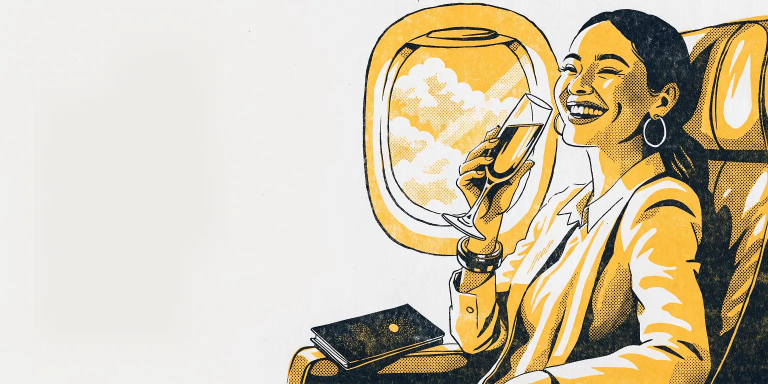 Waist-up view of a smiling, elegantly dressed woman seated in a wide first-class airplane window seat, holding a champagne flute, a passport on the armrest beside her, clouds through the oval window