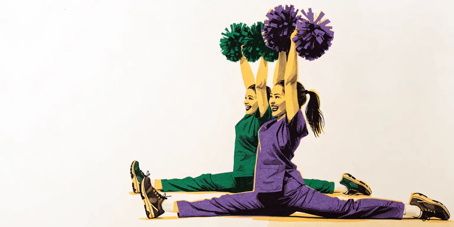 Two nurses as cheerleaders, each in a front-to-back split, one in purple scrubs with purple pom-poms and one in green scrubs with green pom-poms.