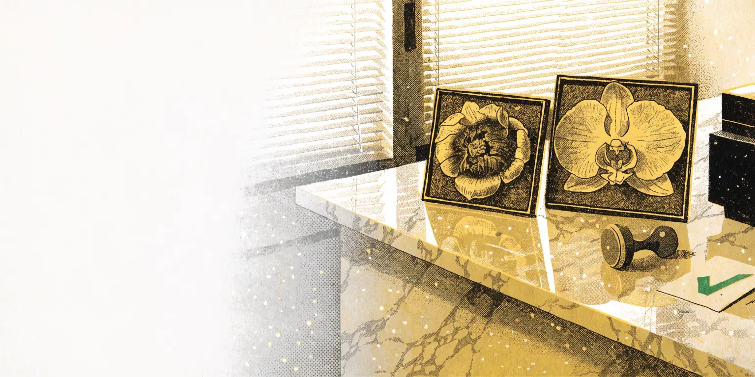 On a polished marble clinic counter in soft daylight, a pair of framed photo frames sit side by side, one with a wilted flower, one with a fresh blooming orchid, beside a rubber stamp and a green approval checkmark card.
