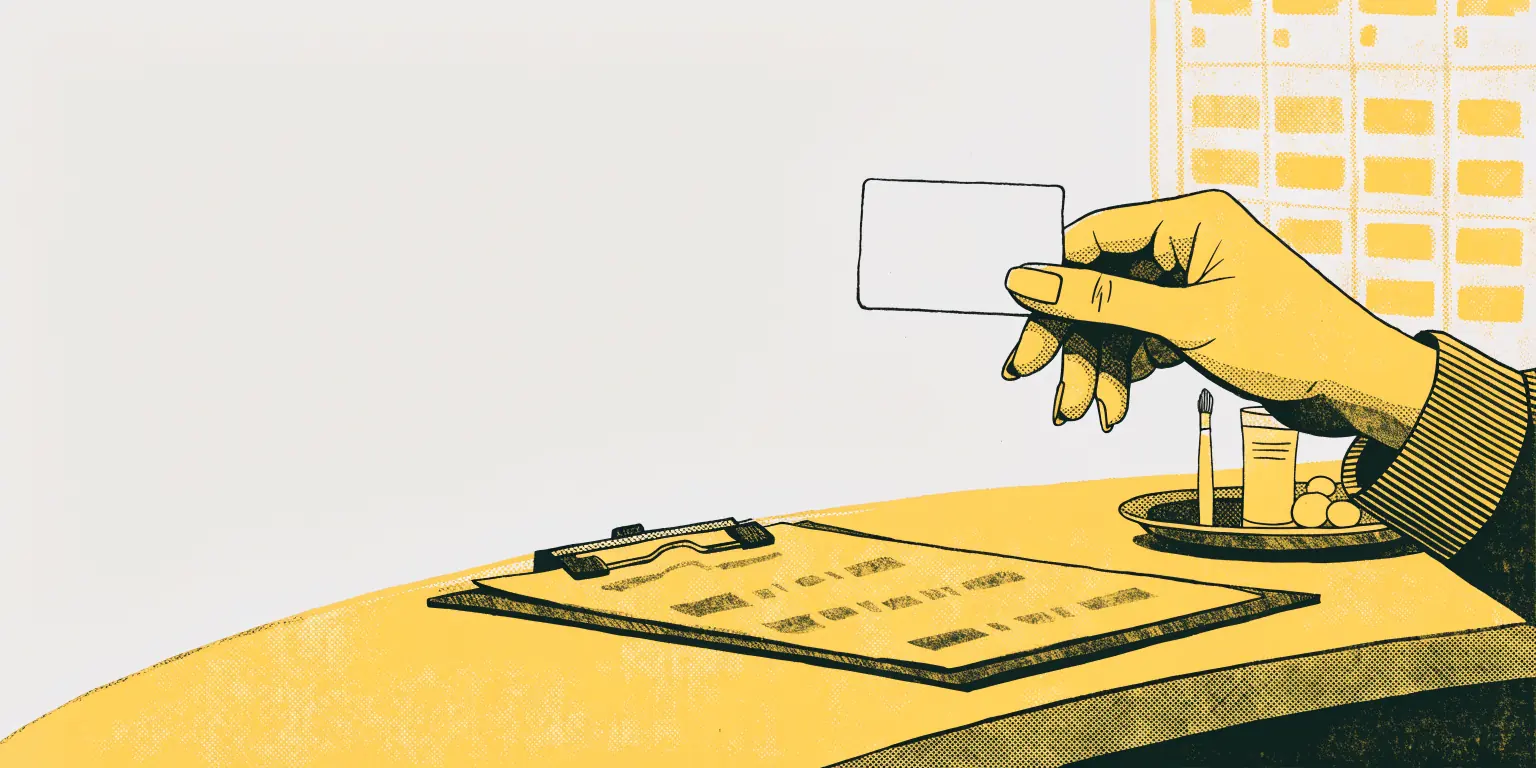 A hand holding a blank card above a clinic reception desk, printed in yellow and charcoal on off-white paper