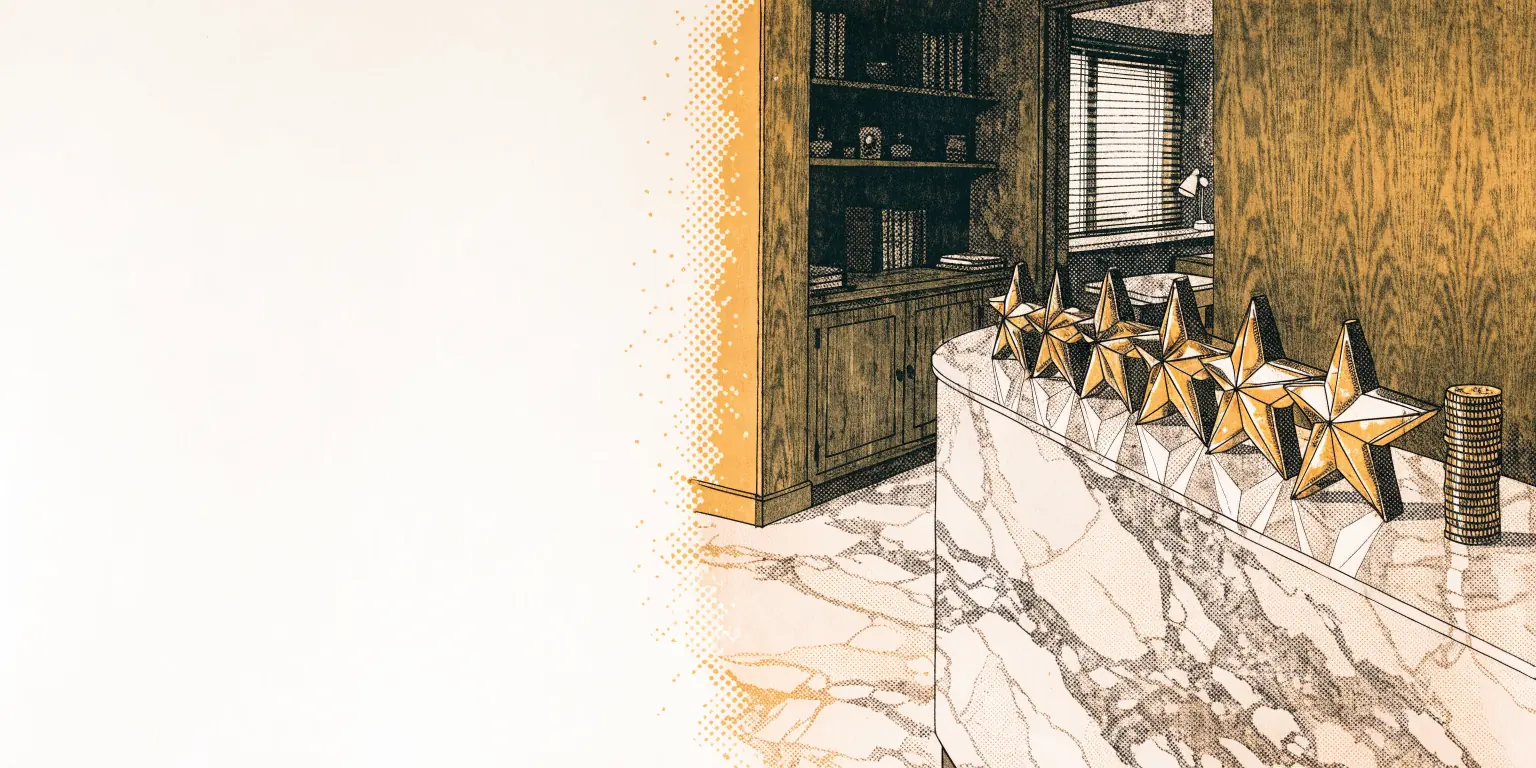 On a polished marble reception counter in a walnut-paneled private clinic, a row of golden stars made of brass stands in a line, with one shiny stack of tiny star-shaped coins beside them, soft daylight.