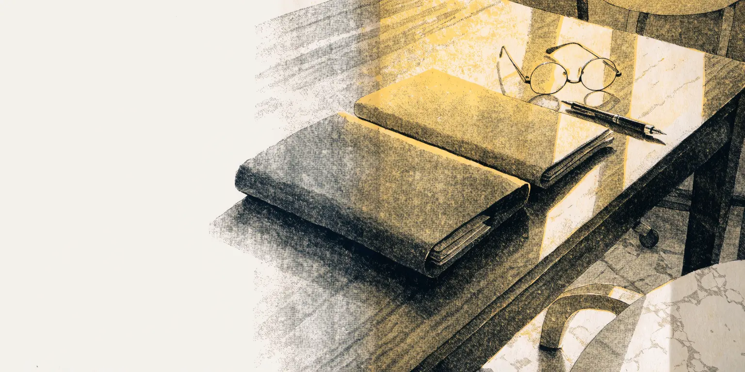 Two closed folders from two different surgeons lying side by side on a polished walnut desk, a pair of reading glasses resting between them and a fountain pen, warm daylight on marble