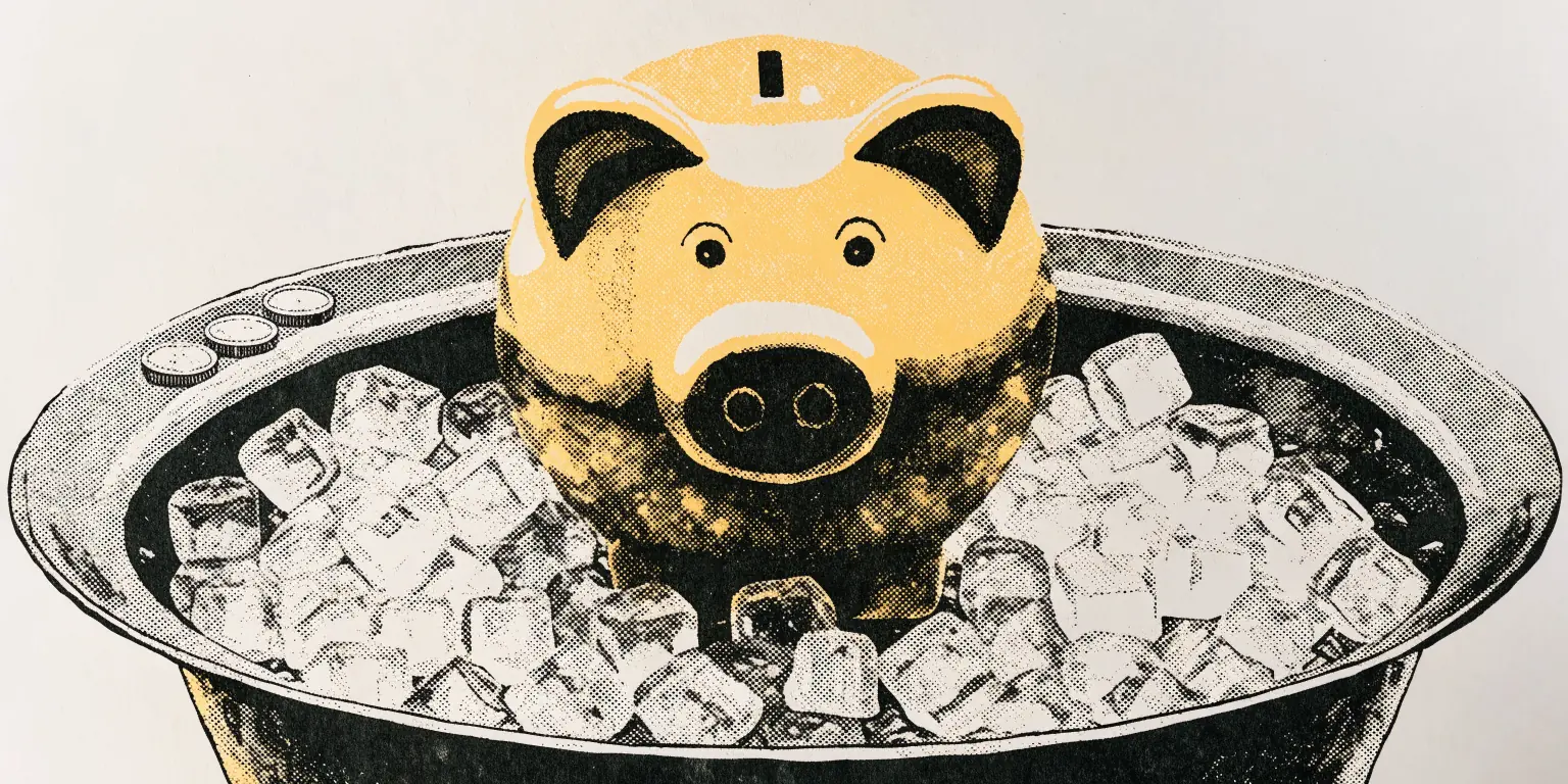 A ceramic piggy bank sitting in a steel ice bath full of ice cubes, a few coins on the rim.